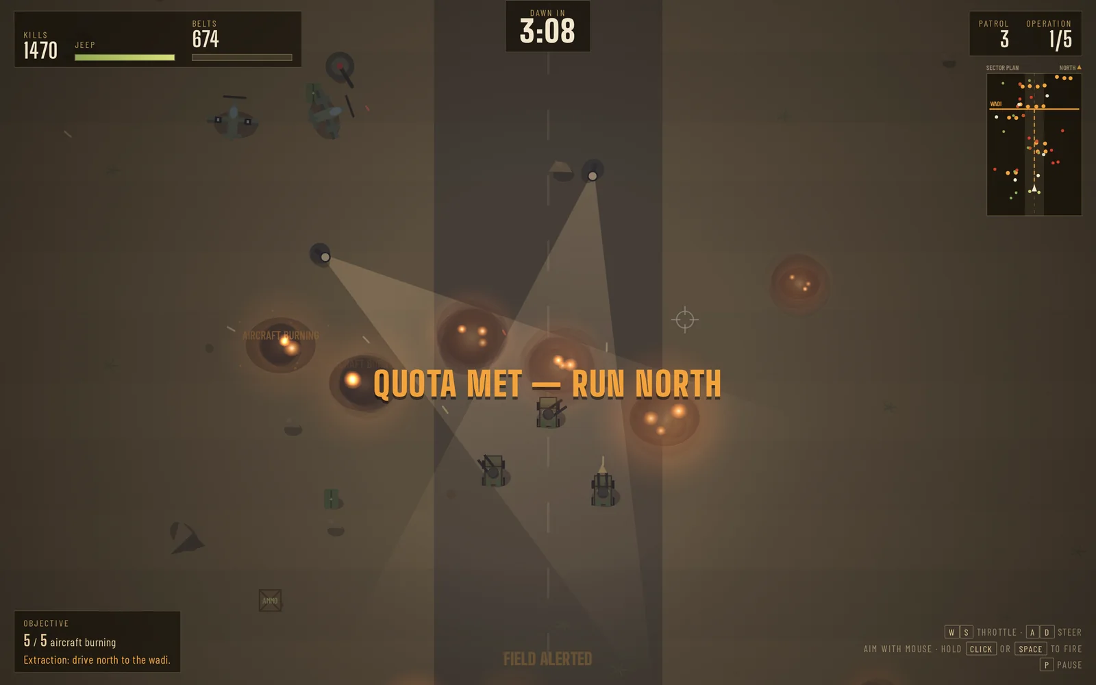 Searchlight beams crossing the dispersals while the objective banner reads quota met, run north.