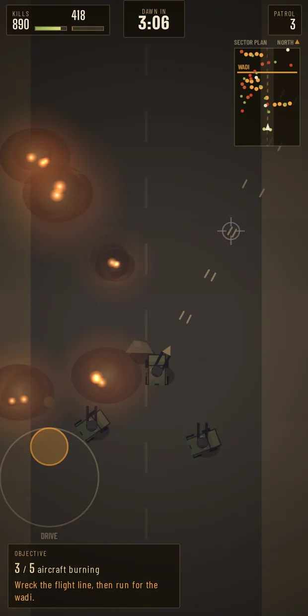The game running in portrait on a phone, with a drive stick at bottom left and burning wrecks across the runway.