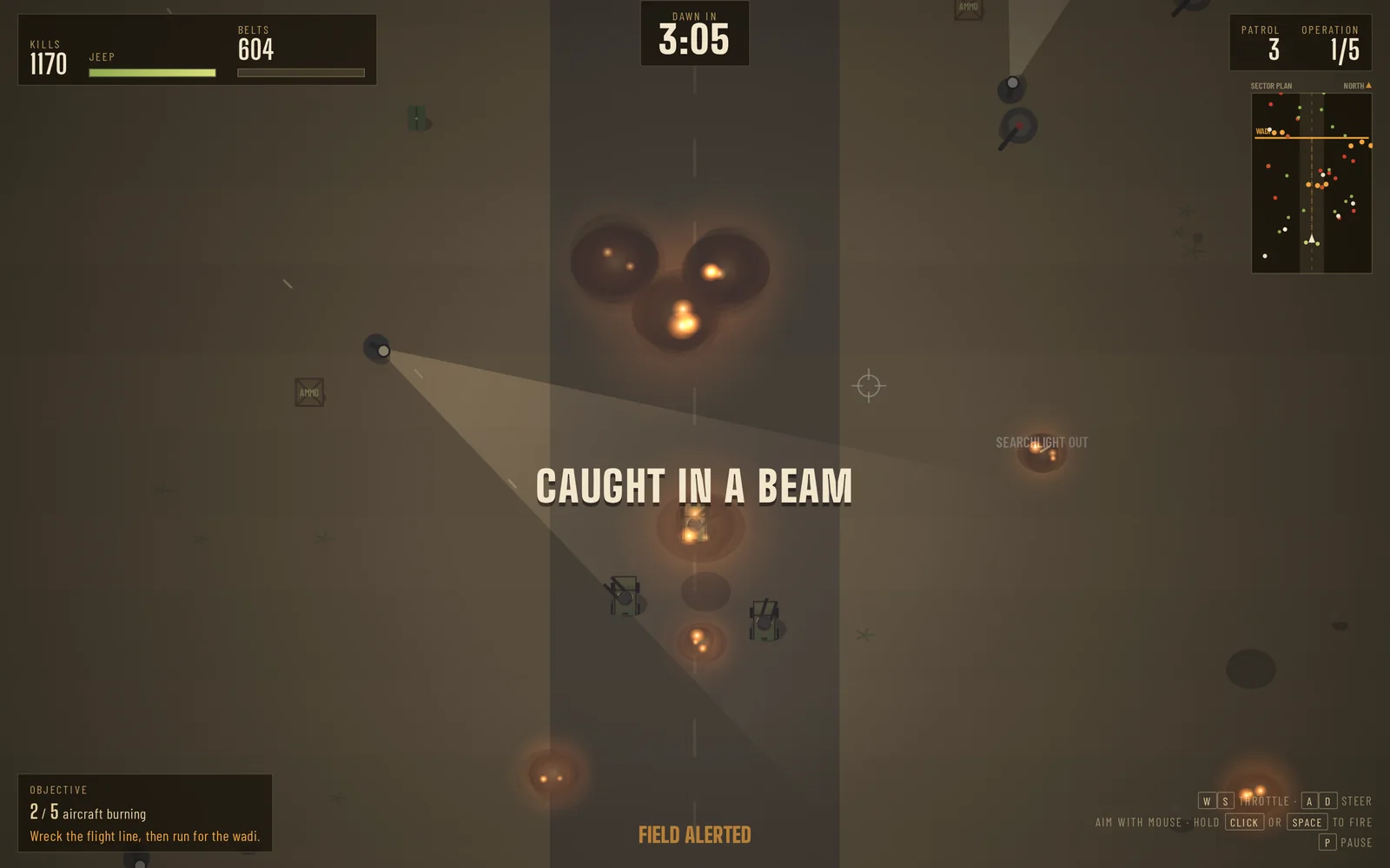 Top-down night view of three jeeps on an airfield, wrecked aircraft burning around them while two searchlight beams sweep the sand.